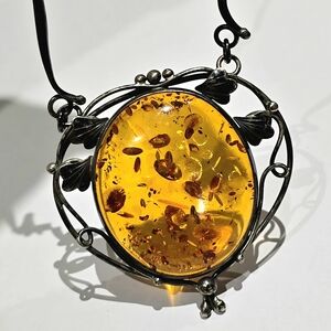 Antique Sterling Silver Art Nouveau Baltic Amber Necklace